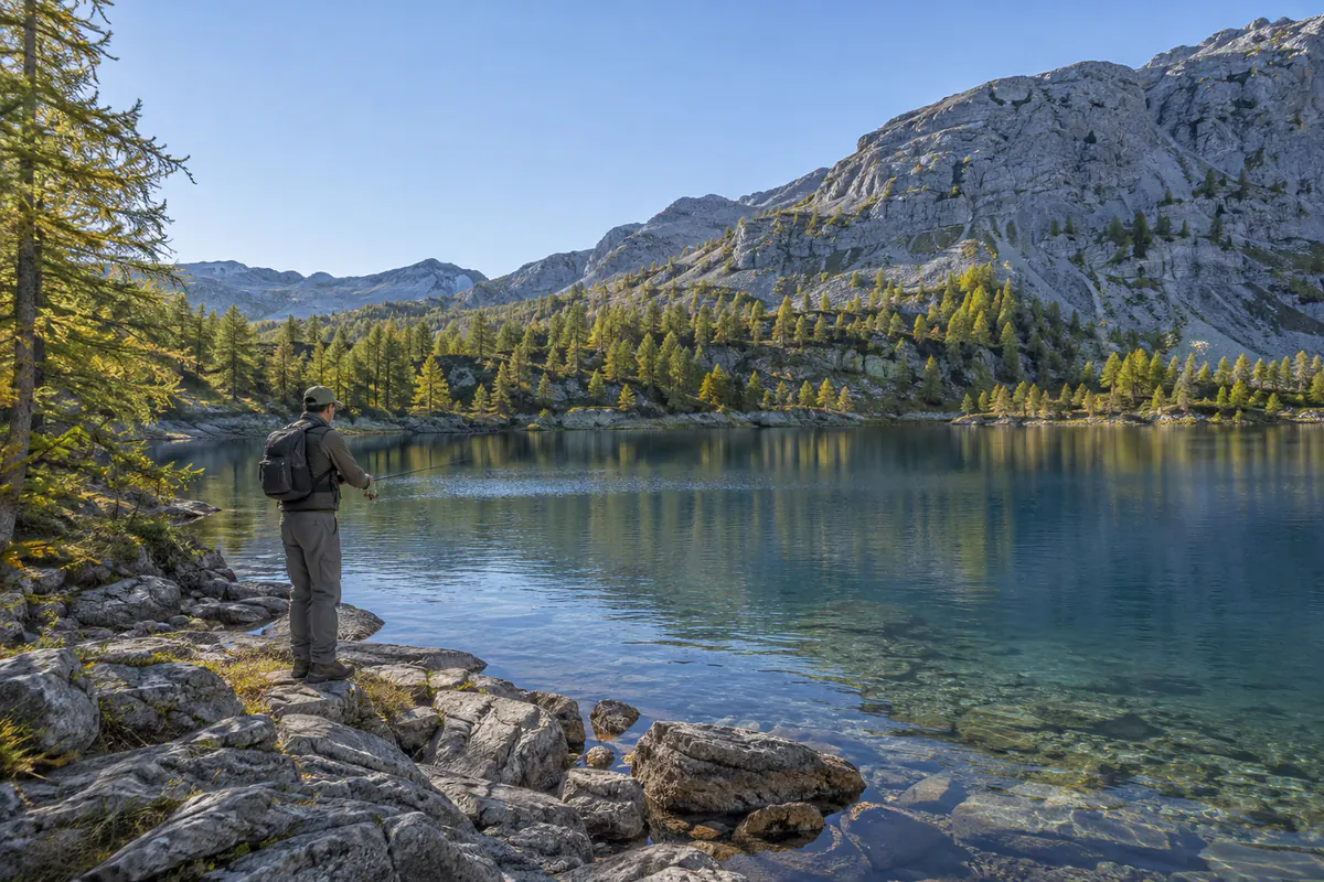 Angler am felsigen Ufer eines klaren Bergsees