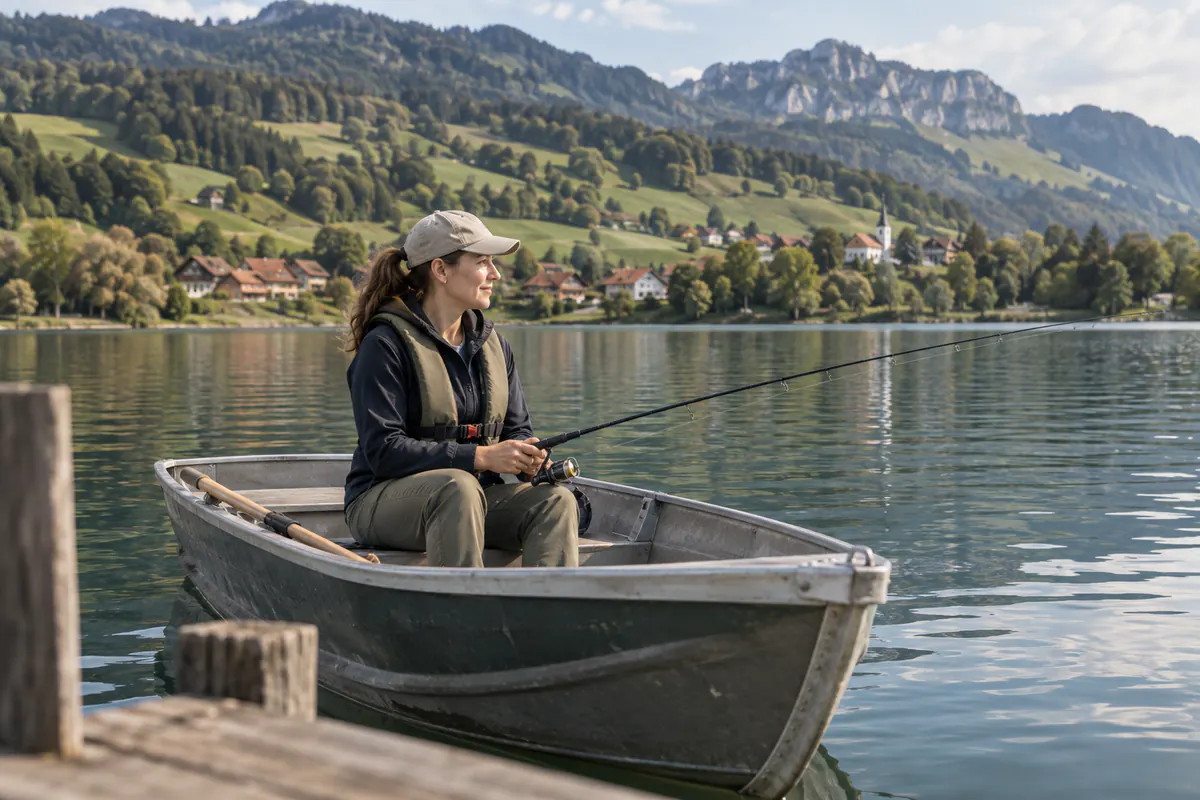 Pêcheuse dans une barque au ponton d’un lac préalpin