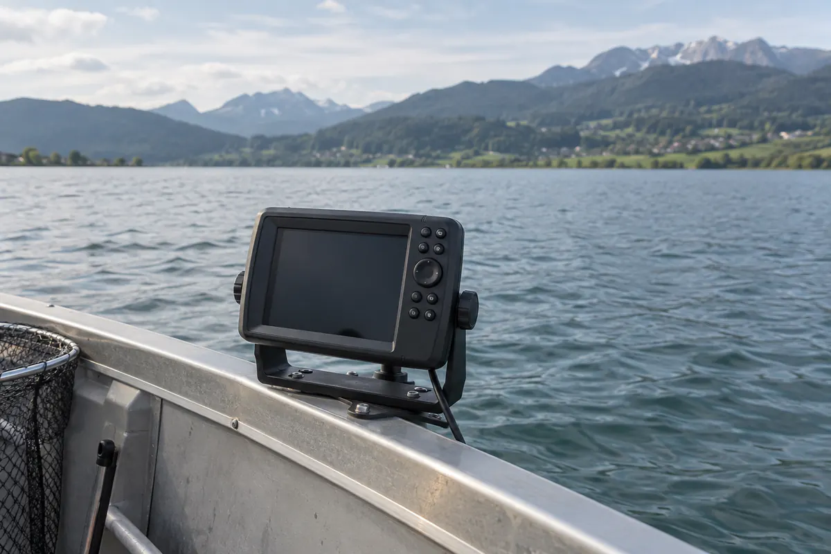 Echolot mit Halterung am Rand eines Aluminiumboots auf dem See