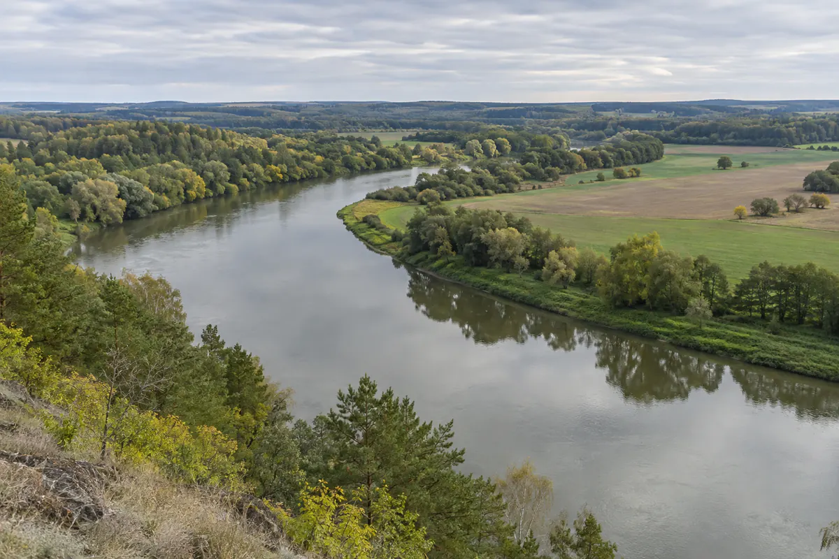 Flussschleife zwischen Wald und Wiesen von oben