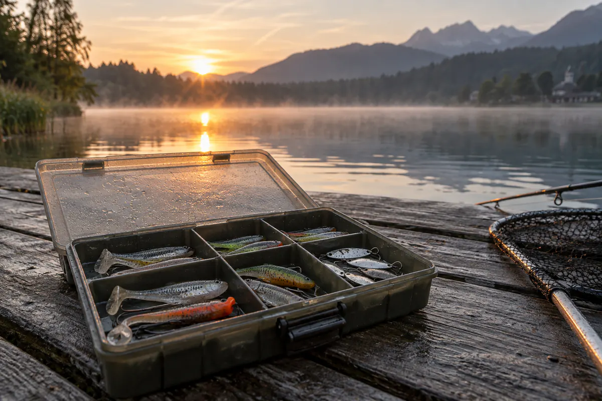 Offene Köderbox mit Gummifischen auf einem Steg bei Sonnenaufgang