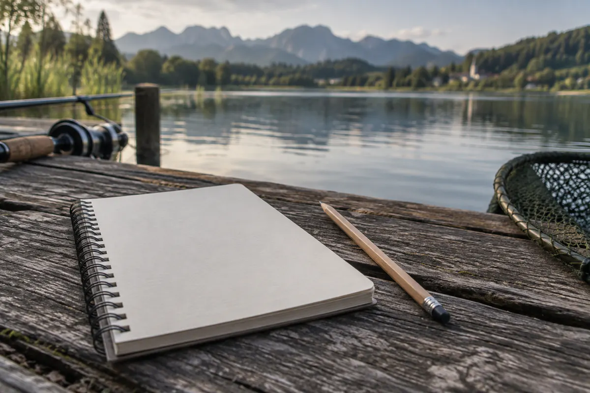 Bloc-notes et crayon sur un ponton, canne et épuisette à côté