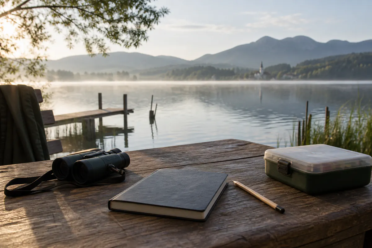 Carnet, jumelles et boîte à leurres sur une table au bord du lac