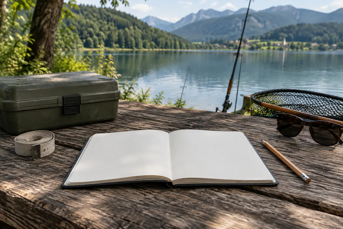 Carnet ouvert, mètre ruban, boîte de pêche et épuisette au bord du lac