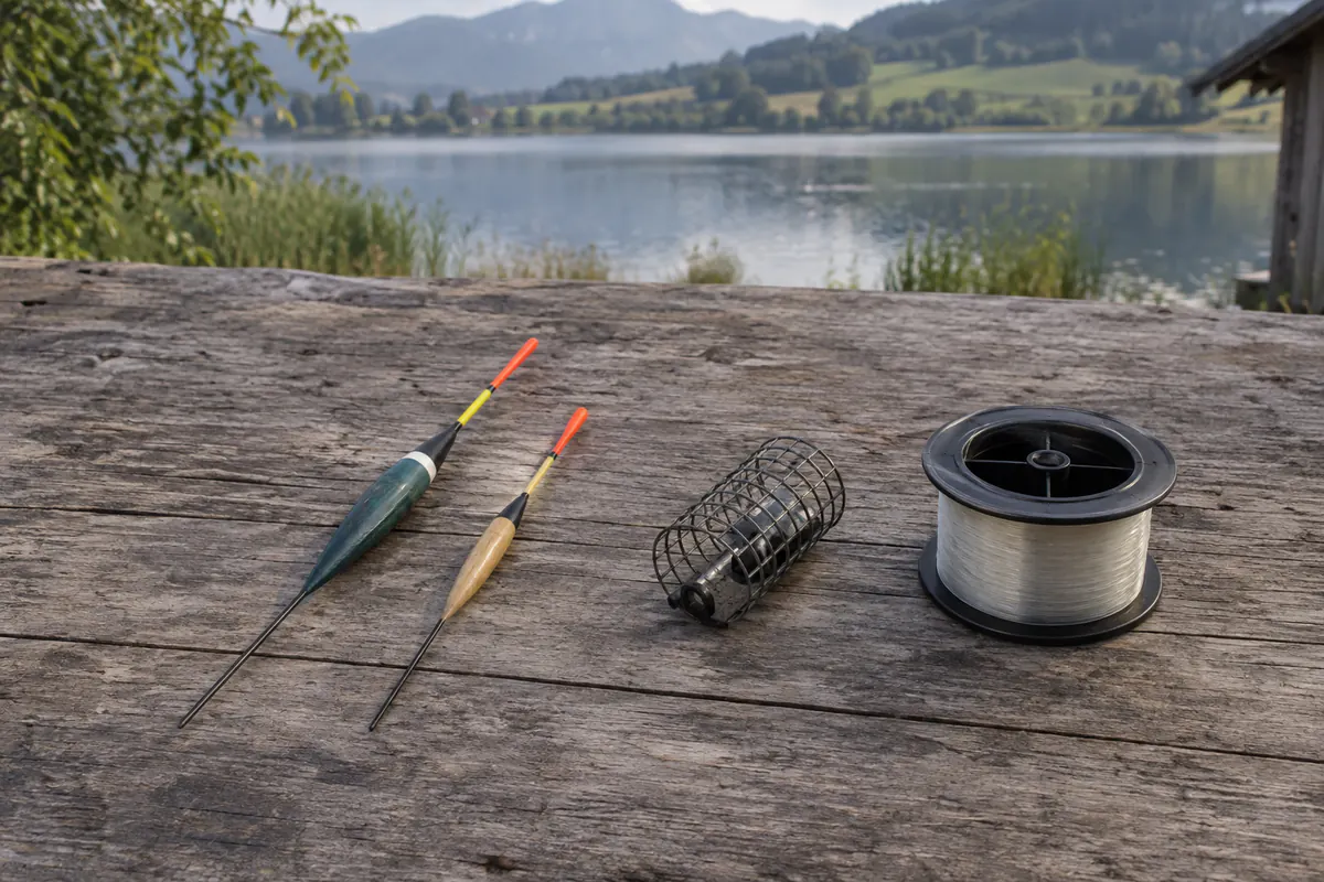 Zwei Posen, ein Futterkorb und eine Schnurspule auf Holz am See