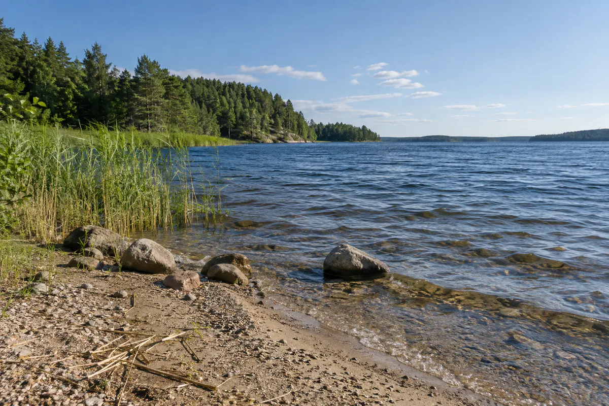 Naturufer eines Sees mit Kiesstrand, Schilf und Waldrand