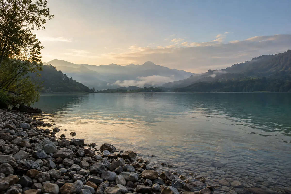 Voralpensee im Morgenlicht mit Kiesufer und Nebel an den Bergen