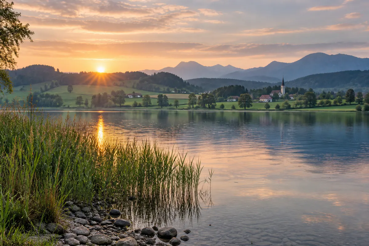 Sonnenaufgang über einem Voralpensee mit Schilf, Dorf und Kirche am Ufer