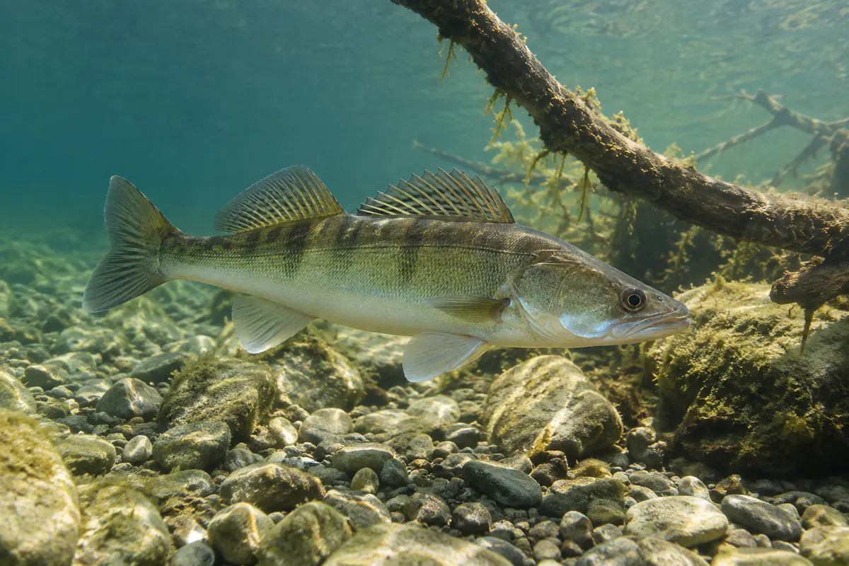 Zander unter Wasser über Steingrund bei einem versunkenen Ast
