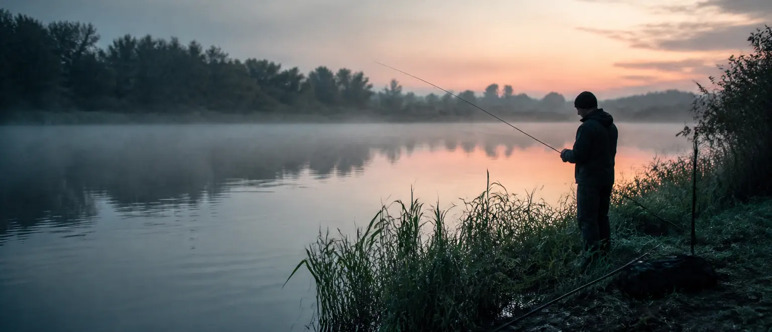 Angler am ruhigen Flussufer im Morgennebel